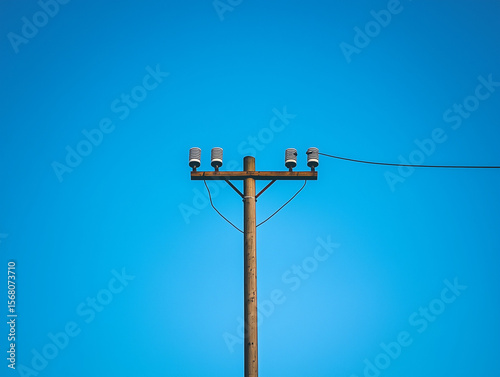 Wooden power pole with insulators against clear blue sky