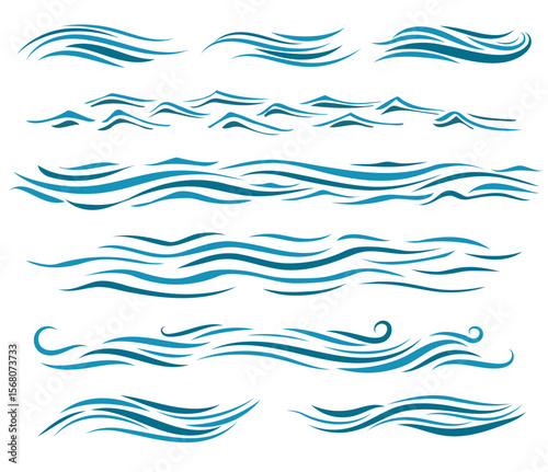 Blue wave patterns on a white background, varying shapes and styles, for decorative purposes, graphic design or print media, symbolizing water or fluidity.
