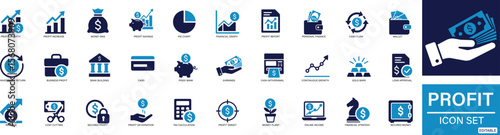 Financial Profit Icon Set  Flat vector icons illustrating income, growth, investment returns, savings,  financial success. Ideal for business, banking, and finance related projects. Customizable icons