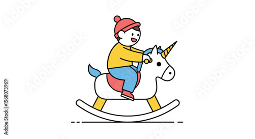 Happy Child Enjoys Playtime Riding a Rocking Unicorn Toy Indoors on a Bright Day
