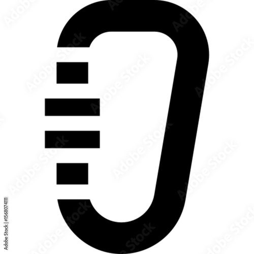Simple Black Icon of a Carabiner with Horizontal Lines on the Left Side