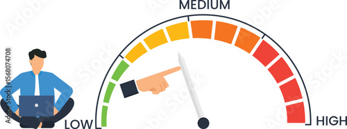 Business Performance Meter Illustration Showing Low Medium High Levels, Business Analytics, KPI Dashboard, Performance Measurement, Business Growth, Progress, Success, Strategy
