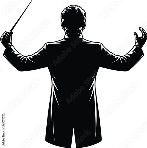 Orchestra conductor leading music with baton silhouette isolated on transparent background