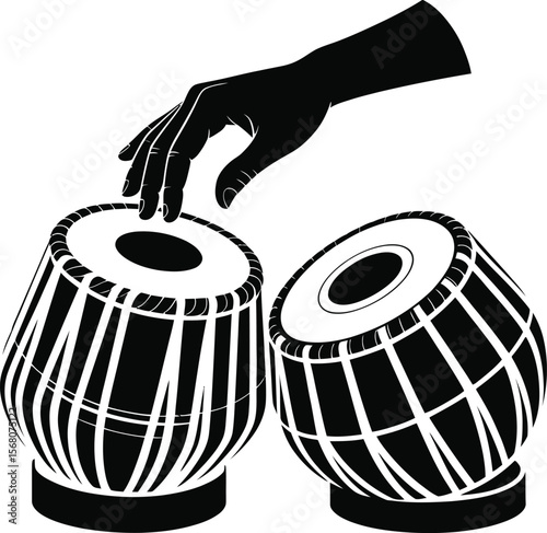 Hand playing indian tabla drums silhouette isolated on transparent background