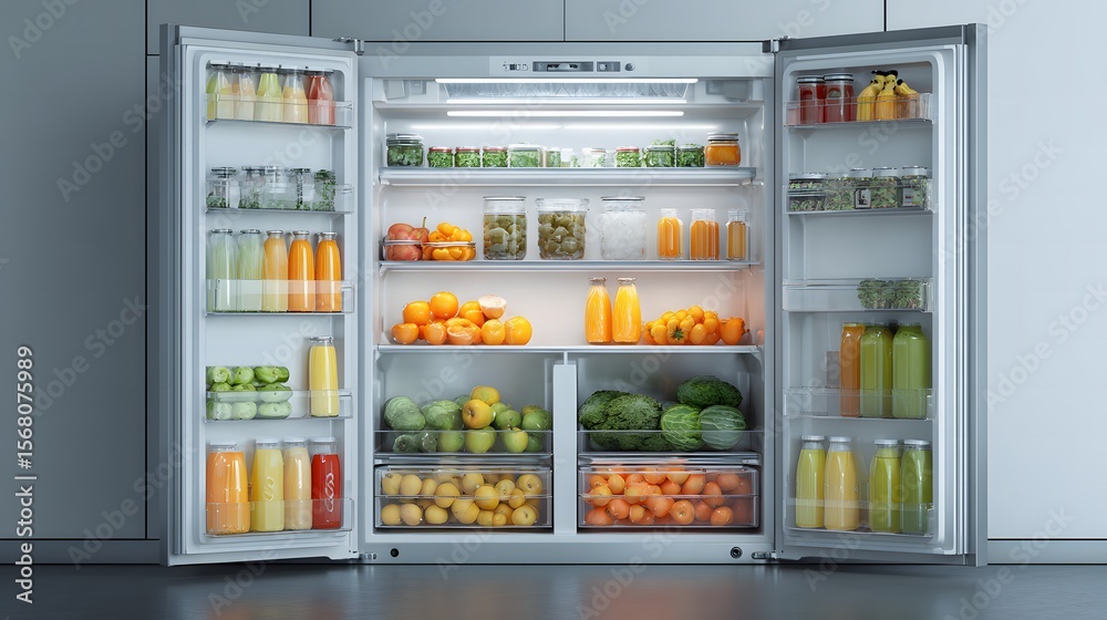 Hyper-realistic digital rendering of a modern refrigerator filled with neatly arranged fresh food and drinks. Hyper-realistic digital rendering of a modern refrigerator filled with neatly arranged fresh food and drinks.