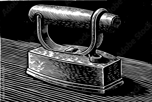 coal powered vintage iron with a wooden handle, great for retro laundry visuals or antique tools collections vector a black and white line art illustration
