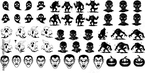 Halloween Spooky Icons Set - Ghosts, Vampires and More, 
Collection of Halloween Characters - Vector Illustrations, 
Black and White Horror Icons - Ghosts, Werewolves, and Pumpkins.