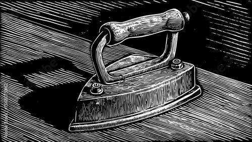coal powered vintage iron with a wooden handle, great for retro laundry visuals or antique tools collections vector a black and white line art illustration