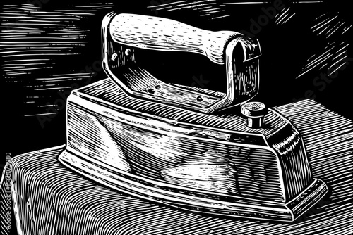 coal powered vintage iron with a wooden handle, great for retro laundry visuals or antique tools collections vector a black and white line art illustration