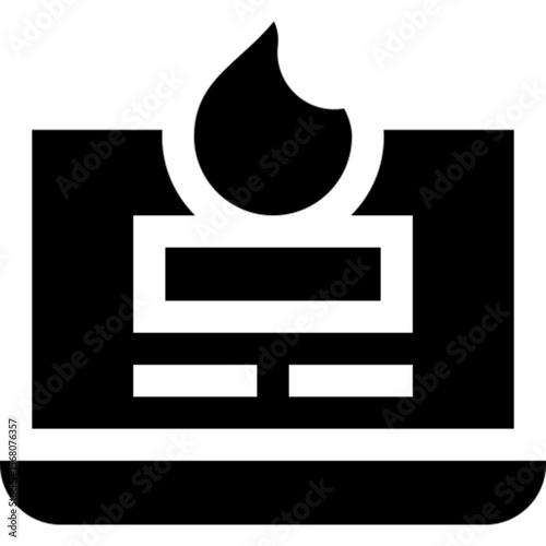 A stylized black icon of a fireplace or altar with a large, central flame burning above a hearth.