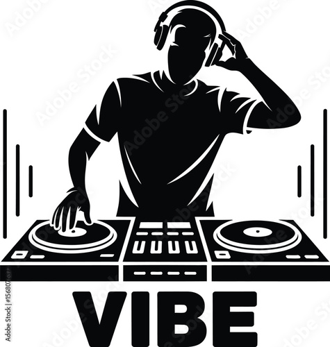 Dj playing music with headphones and turntables silhouette isolated on transparent background