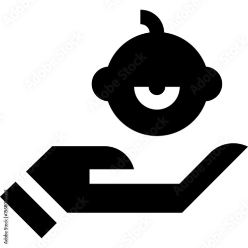 A minimalist black icon of a hand gently holding a stylized baby's head, symbolizing childcare, safety, and parental support.