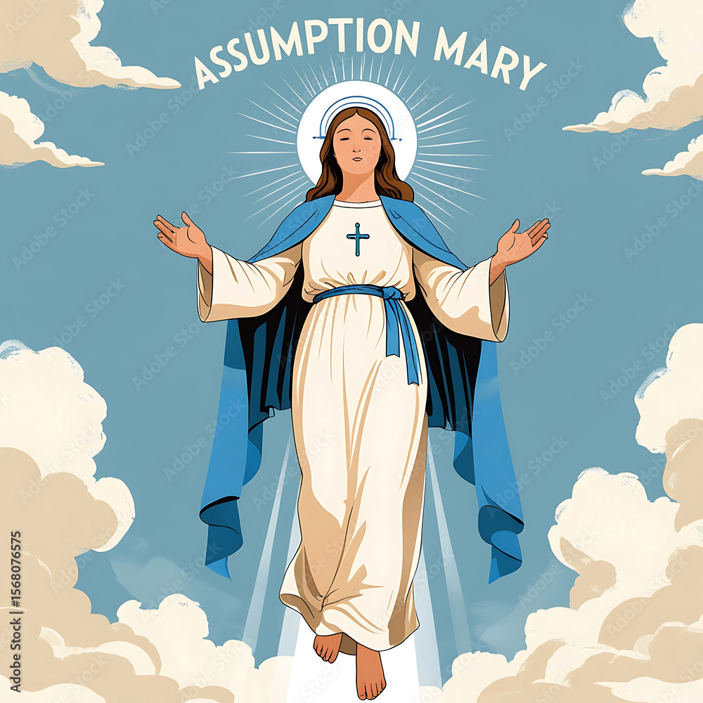 Fototapeta premium Assumption Mary Digital Art Blue Robe Clouds Heaven