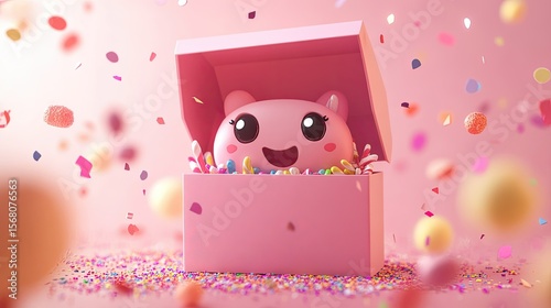 A cute, happy character is nestled inside a pink gift box filled with candy.