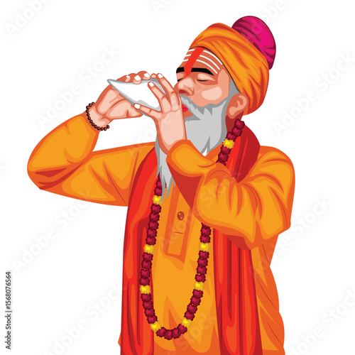 A Sadhu Is Blowing Conch Shell (shankh) Portrait Vector Illustration