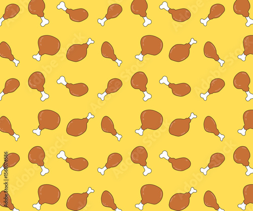 Seamless pattern featuring vibrant cartoon fried chicken drumsticks isolated in yellow background , perfect for food packaging, restaurant decor, and playful culinary designs.