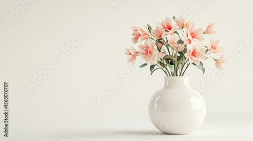 Delicate pink flowers in a white vase.