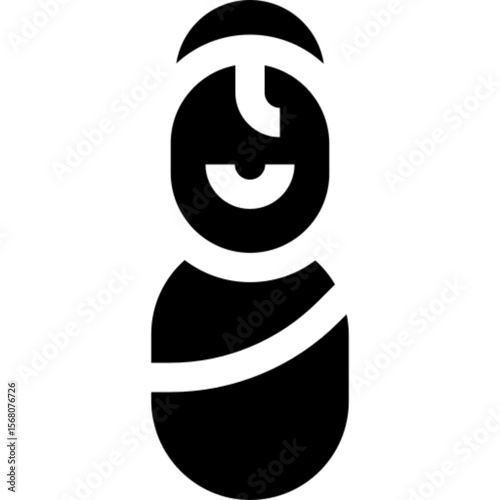 A minimalist black icon of a swaddled newborn baby with a single stylized eye.