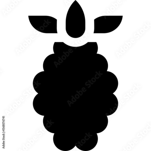 A simple black silhouette icon of an aggregate berry, such as a raspberry or blackberry, with a stem and leaves.