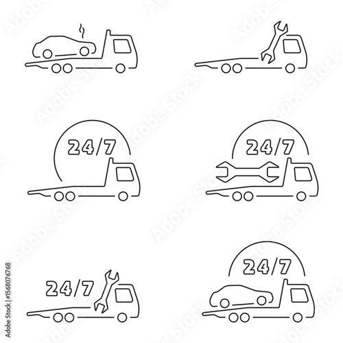 Vector icon set of roadside assistance — tow truck, car repair, emergency service, nonstop vehicle help, thin line transport and insurance support.