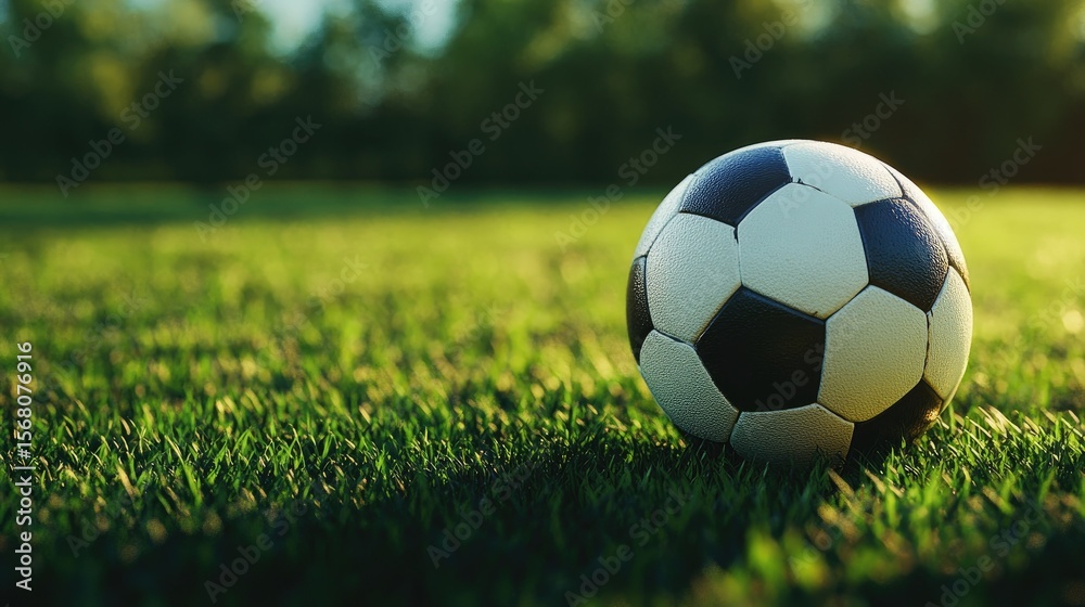Fototapeta premium Soccer ball resting on a grassy field.