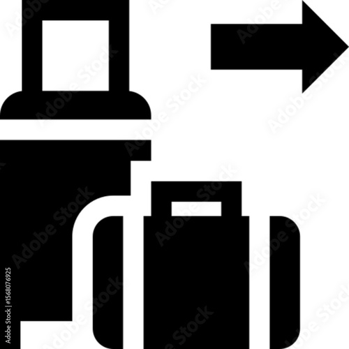 A simple black icon showing a rolling suitcase and a smaller bag with a large arrow pointing right, symbolizing travel, departure, or baggage transfer.