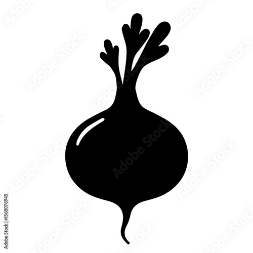 Minimalist black silhouette of a turnip with rounded bulbous root and purple-tinged top