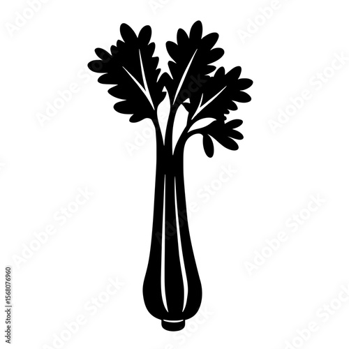 Minimalist black silhouette of celery with ribbed stalks on white background