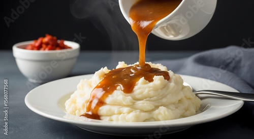 Delicious mashed potatoes with gravy being poured from a white sauce boat dish