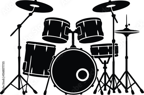 Black silhouette of a drum kit isolated on transparent background