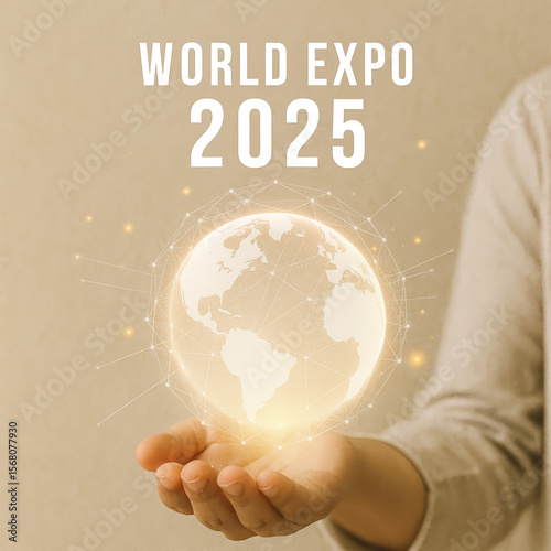 World Expo 2025 concept with digital glowing globe floating above hand for global innovation and future technology
