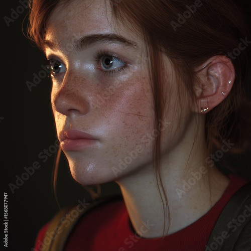 Close up portrait of young woman with freckles and red hair