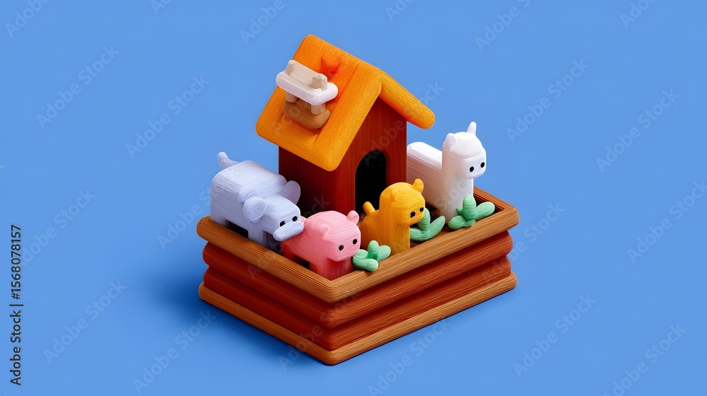 Fototapeta premium Colorful toy animal figurines in a miniature house display