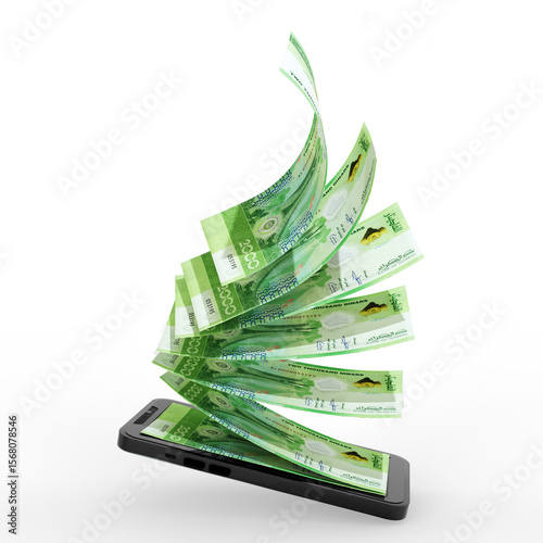 Algerian dinar notes entering or coming out of a smartphone. Online money transfer concept. money coming out of mobile phone isolated on transparent background
