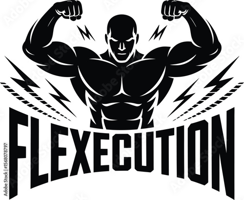 Muscular man flexing muscles silhouette logo with lightning bolts isolated on transparent background