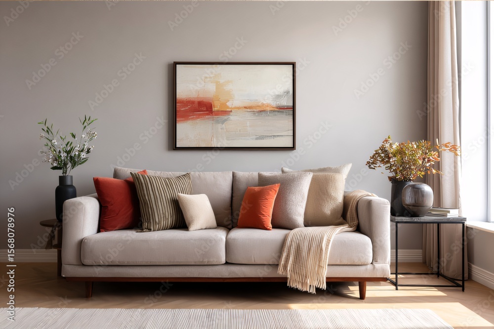 Fototapeta premium Modern Living Room Interior Design with Abstract Art and Neutral Tones