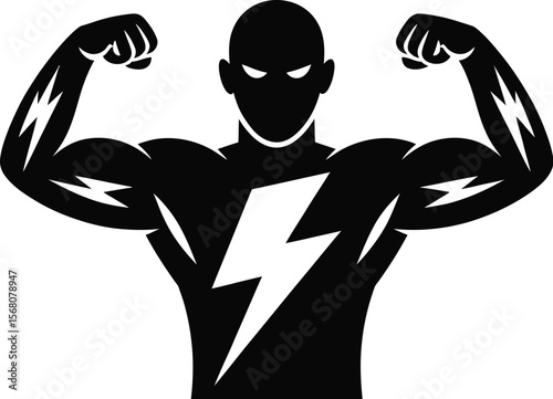 Strong muscular man flexing arms with lightning bolt symbol silhouette isolated on transparent background