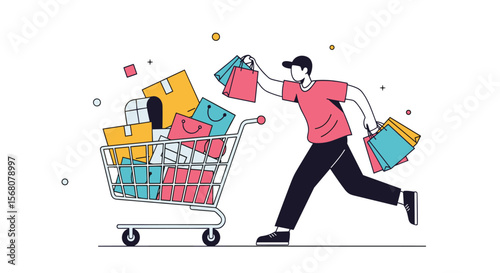 Man pushing overloaded shopping cart full of packages and bags with excitement