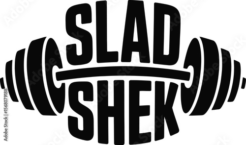 Fitness gym logo with barbell and text slad shek silhouette isolated on transparent background