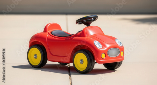 Bright red ride-on toy car with large yellow wheels for kids outdoor fun