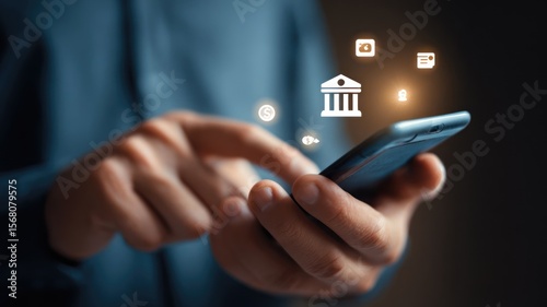 Hands holding smartphone with mobile banking app – fintech concept