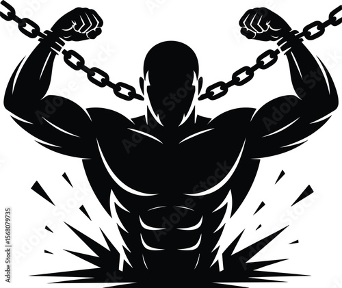 Muscular man breaking chains silhouette isolated on transparent background