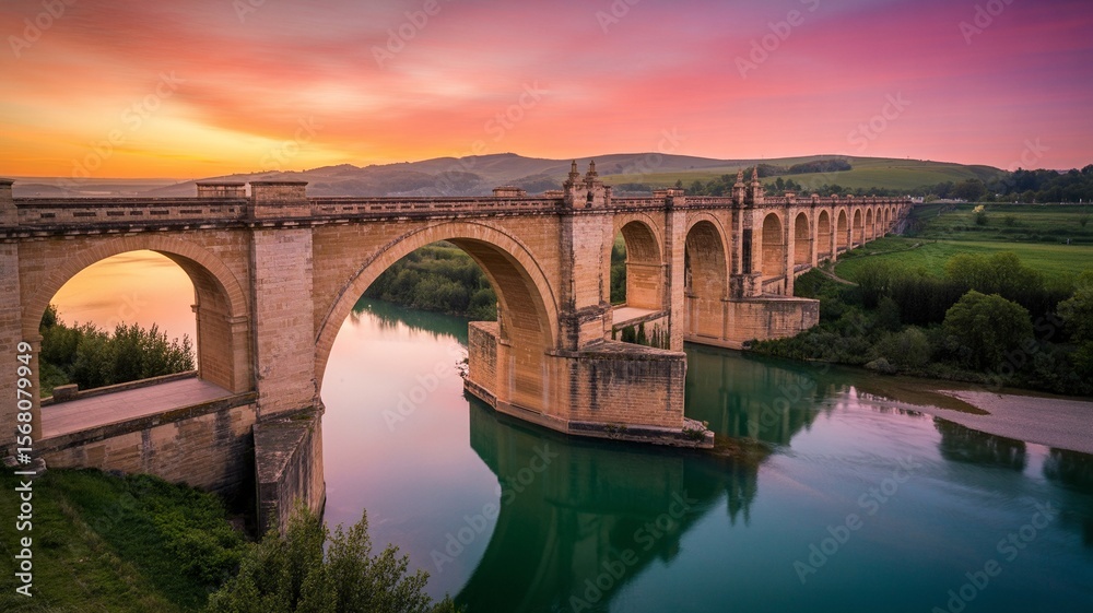 Fototapeta premium Reina. Majestic Stone Bridge Reflecting in Calm River at Sunrise