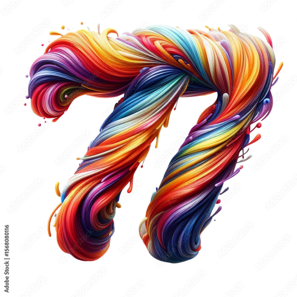 Fototapeta premium Colorful Paint Style Number Seven with Dynamic Swirls Isolated on Transparent Background