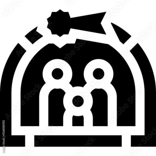 Flat vector icon of a nativity scene featuring the Holy Family in a manger setting. Symbolizing the birth of Jesus Christ, this design is ideal for Christmas greeting cards, church flyers, religious e