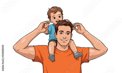 Vector drawing of father in orange shirt holding excited son on shoulders.