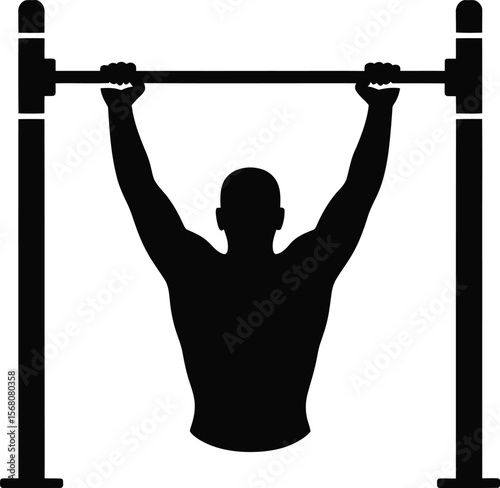 Man performing pull up exercise on horizontal bar silhouette isolated on transparent background