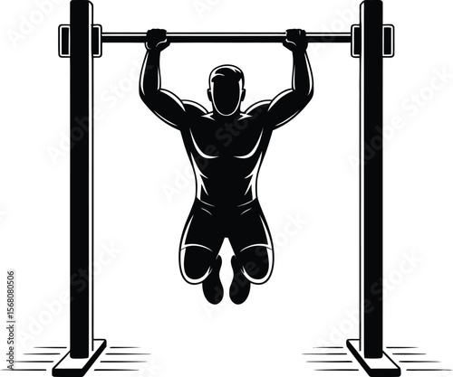Muscular man performing pull up exercise on horizontal bar silhouette isolated on transparent background