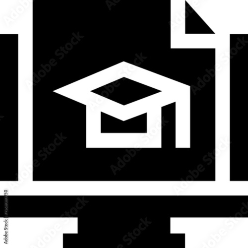 Minimalist line icon of distance learning, featuring a laptop with a graduation cap symbolizing online education, e-learning, remote study, and virtual classrooms. Ideal for educational platforms, onl