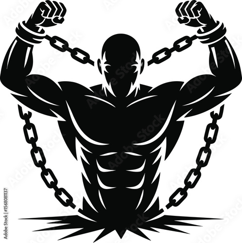 Muscular man breaking chains silhouette isolated on transparent background
